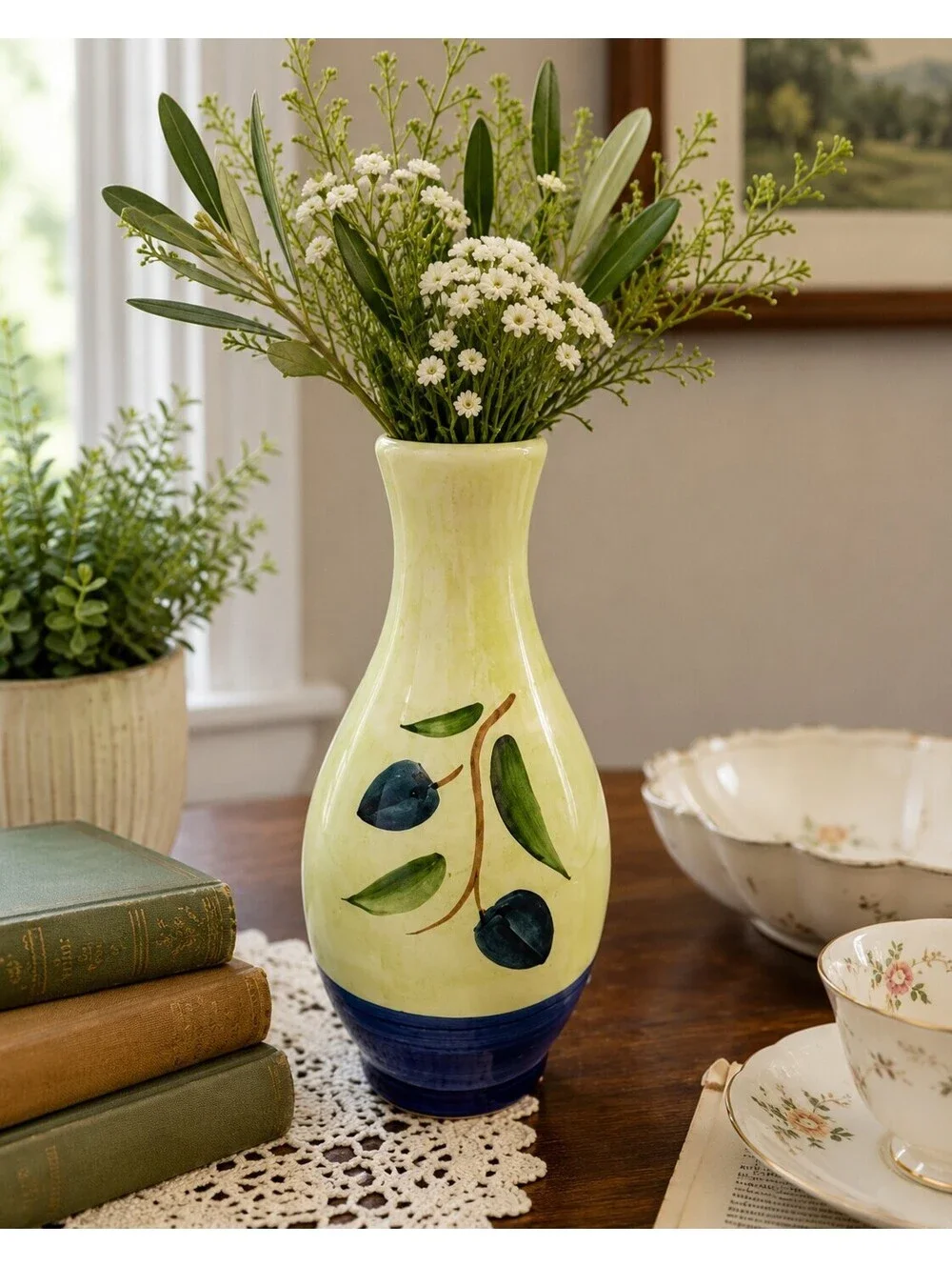 Vintage Ceramica Italy Hand Painted Olive Vase Blue Green Pottery 9